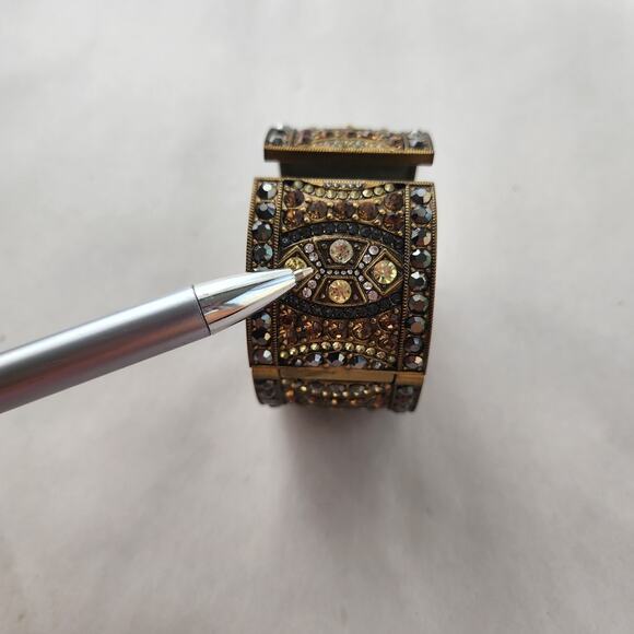 Heidi Daus Hinged Cuff Bracelet Watch Tan Swarovski Crystals Bangle Bronze New - Picture 4 of 11